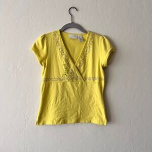 Y2k Vtg Liz Claiborne Petite Yellow Wrap Sequin Beaded Embroidered Top Small S